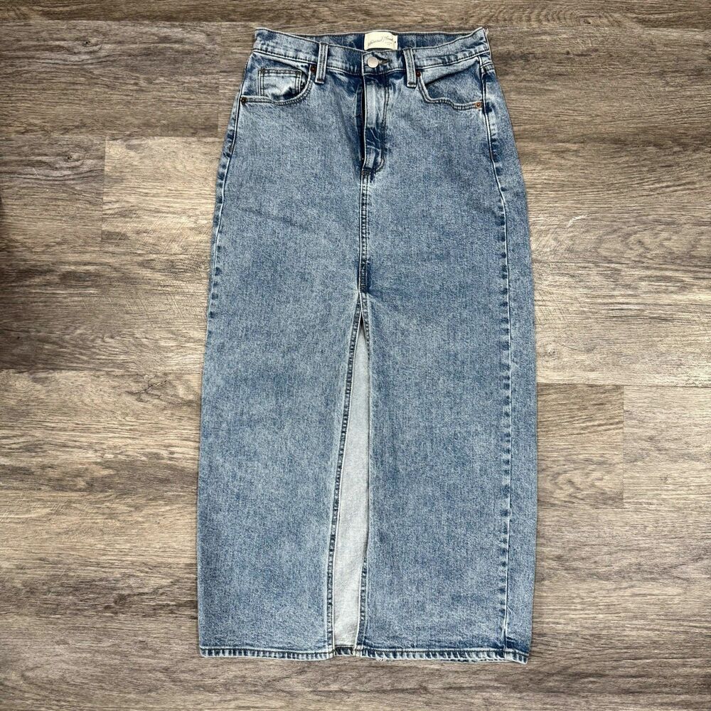 Universal Thread Denim Maxi Skirt Blue High Rise Front Slit Women's 6